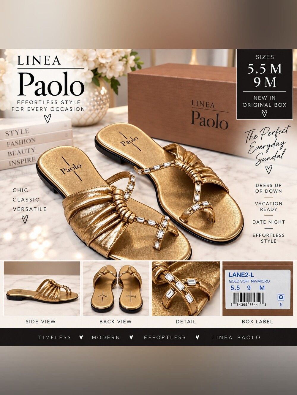 Linea Paolo Lane2-L Silver Metallic Embellished Slide Sandals NIB, Sizes 5.5 & 9